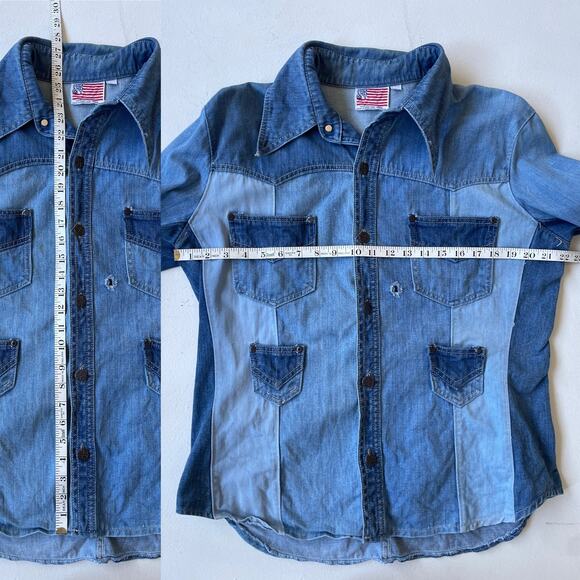 Vtg 70's Patchwork Denim Button Up Jacket Shirt Size L Western Double Pockets - Picture 9 of 10
